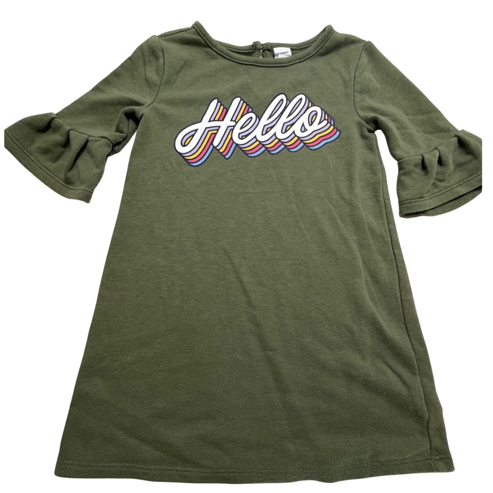 Old Navy Girls Hello Graphic Sweatshirt Dress Olive Green Ruffle Sleeve 3T